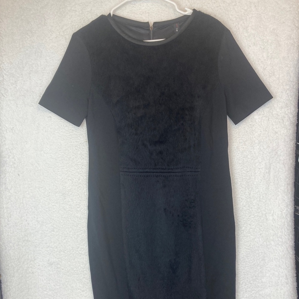 Marc Cain Black Wool Blend Bodycon Dress Fur Front US 12,  N5, XL